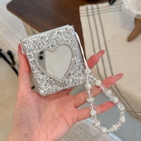 Casing Ponsel Cermin Hati Berkilau Bling untuk Samsung Galaxy Z Flip 8 7 6 5 dengan Tali Pergelangan Tangan Berhias Berlian dan Penyangga Lipat