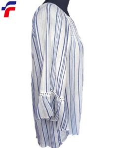 新製品 ブルー/ホワイト ストライプ 先染め レーヨン クリンクルガーゼ レディース ネックラインスモッキング付き ラグランスリーブ 織物トップス - Product Image 2