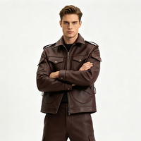 Veste en cuir pour homme de style cargo en denim de haute qualité, rouge vin, multi-poches, vêtements de travail, coupe-vent, poche chauffante sur la manche, vintage