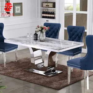 Foshan city grey marble dining table stainless steel chrome legs dinning table set dinner table with dining chair