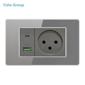 Panel de vidrio templado de cuatro colores, estándar israelí, con interruptor de lámpara de pared de carga rápida USB tipo C, módulo de teléfono y TV satelital. - Product Image 1