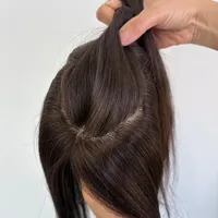 Topper en cheveux humains lisses pour femmes, base en soie complète, toupet en cheveux humains, brun foncé # 2, 16 pouces