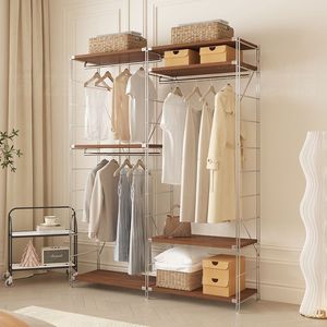 Floor Standing Clothes Rack Double Pole Large Capacity Clothing Organizer For <b>Bedroom</b> Home Use With Wooden <b>Shelves</b> And Hangers - Product Image 1