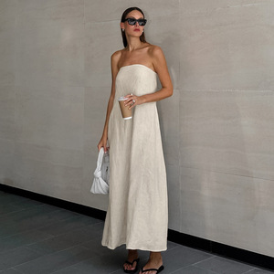 <span class=keywords><strong>Robe</strong></span> <span class=keywords><strong>mi</strong></span>-<span class=keywords><strong>longue</strong></span> sexy sans bretelles coupe trapèze antistatique pour femme, en coton et lin <span class=keywords><strong>kaki</strong></span>, style décontracté pour les vacances, taille empire, idéale pour l'été - Product Image 3