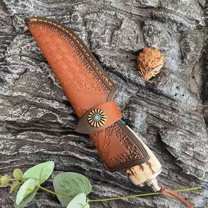 Vg10 Damascus Stalen Vaste Rechte Camping Jachtmes Hoorn Handvat Met Lederen Schede - Product Image 6