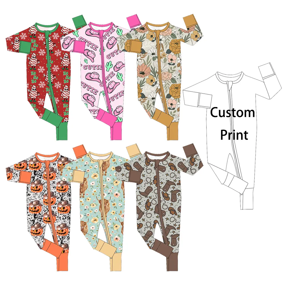 Baju monyet lengan panjang musim gugur, Jumpsuit kain bambu cetak kustom piyama satu potong untuk bayi laki-laki perempuan lipat di atas lengan panjang