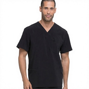 Men's Black V-Neck <b>Scrub</b> <b>Top</b> With Pockets Cotton Polyester Woven Hospital Uniforms - Product Image 1