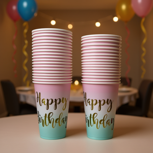 Vasos de Papel para Cumpleaños, 50 Unidades, Artículos Desechables para Fiestas, Diseño Moderno, Impresión Digital, Estilo Degradado Rosa y Azul - Product Image 2