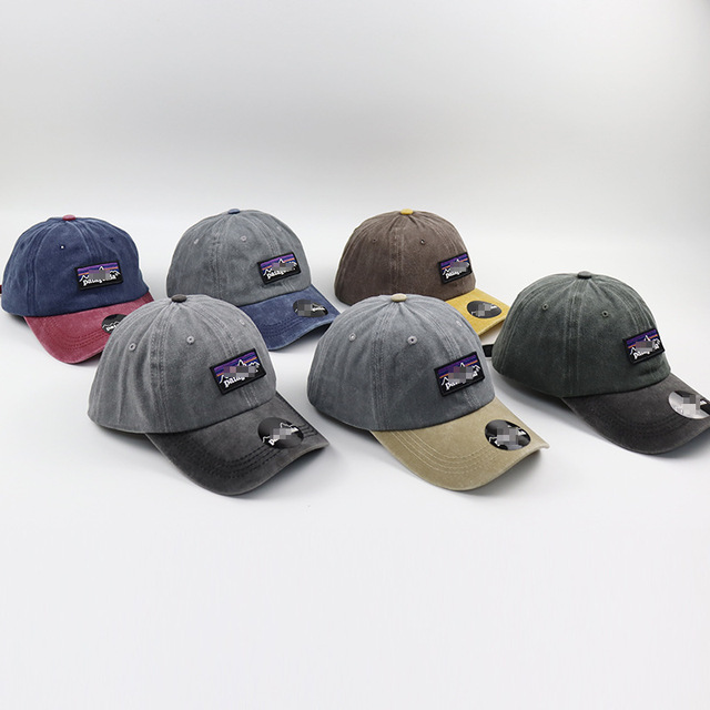 Vintage Washed Cotton Baseball Cap Retro Mountain Patch 6 Panel Dad Hat Two Tone Contrast Brim Outdoor Adventure Sun Cap