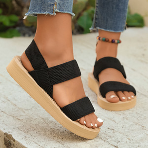 Sandales compensées d'été pour femmes à semelle épaisse, avec bride en tissu, bout ouvert, décontractées, pour l'extérieur et la plage - Product Image 4