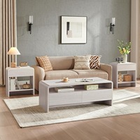 Ensemble de table de salon et de salle à manger moderne en bois naturel avec finition grain de bois, 3 pièces, bords incurvés, comprenant une table basse et 2 tables d'appoint