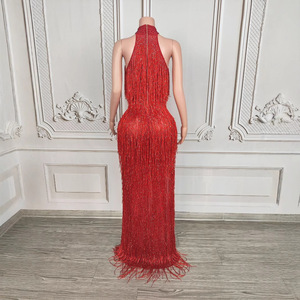 Robe longue élégante à bretelles spaghetti et <span class=keywords><strong>col</strong></span> halter avec franges, tenue de performance pour <span class=keywords><strong>danseuse</strong></span> de concert, soirée cocktail et événements professionnels - Product Image 5