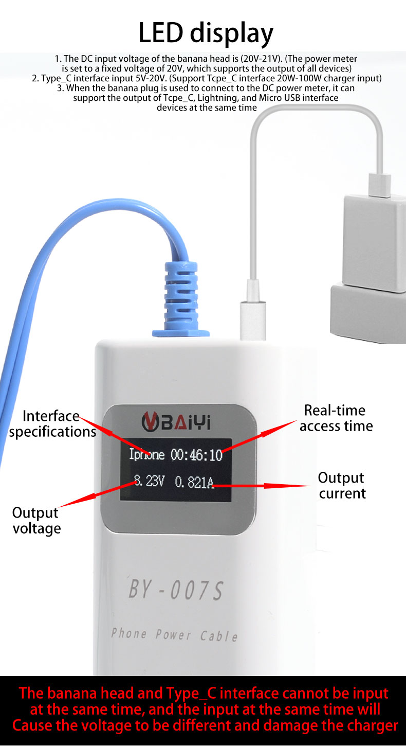 BY-007S Smart Charging Detection Line Cable Support Multiple Fast-charging Protocols TypeC Lightning Micro USB Three Device Tool