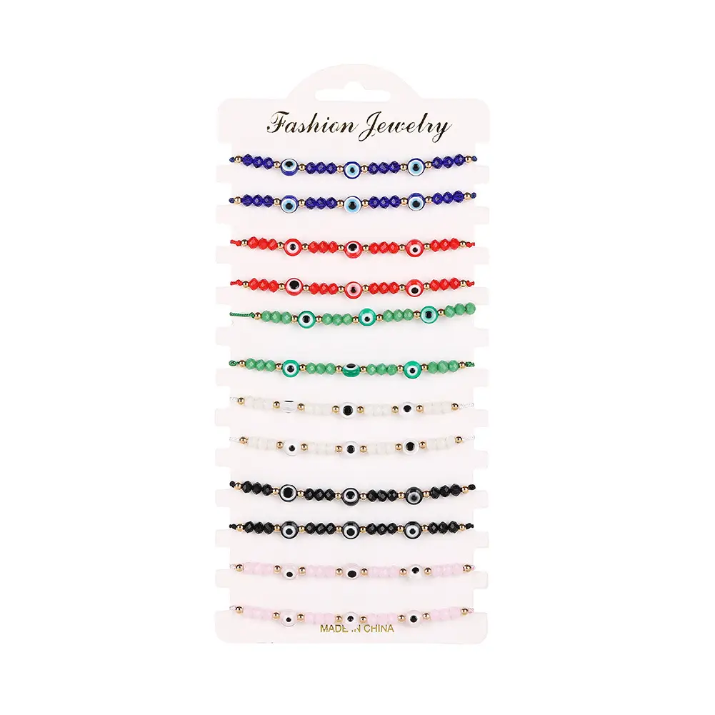 One Dozen Crystal Beaded Bracelets 4mm Evil Eye Knitted Amulet Charms Rainbow Color Rope String Braided Mal De Ojo Bracelets