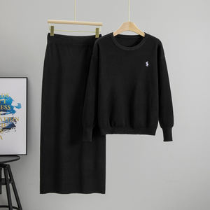 Kadın sonbahar yeni tasarım kontrast renk için örme takım elbise o yaka üst + yarık etek mizaç iki parçalı Set - Product Image 3