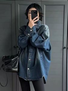 <span class=keywords><strong>Camicia</strong></span> in Denim Lavato <span class=keywords><strong>Oversize</strong></span> Casual Chic da Strada con Bottoni a Maniche Lunghe Vestibilità Ampia per Autunno/Primavera - Product Image 4