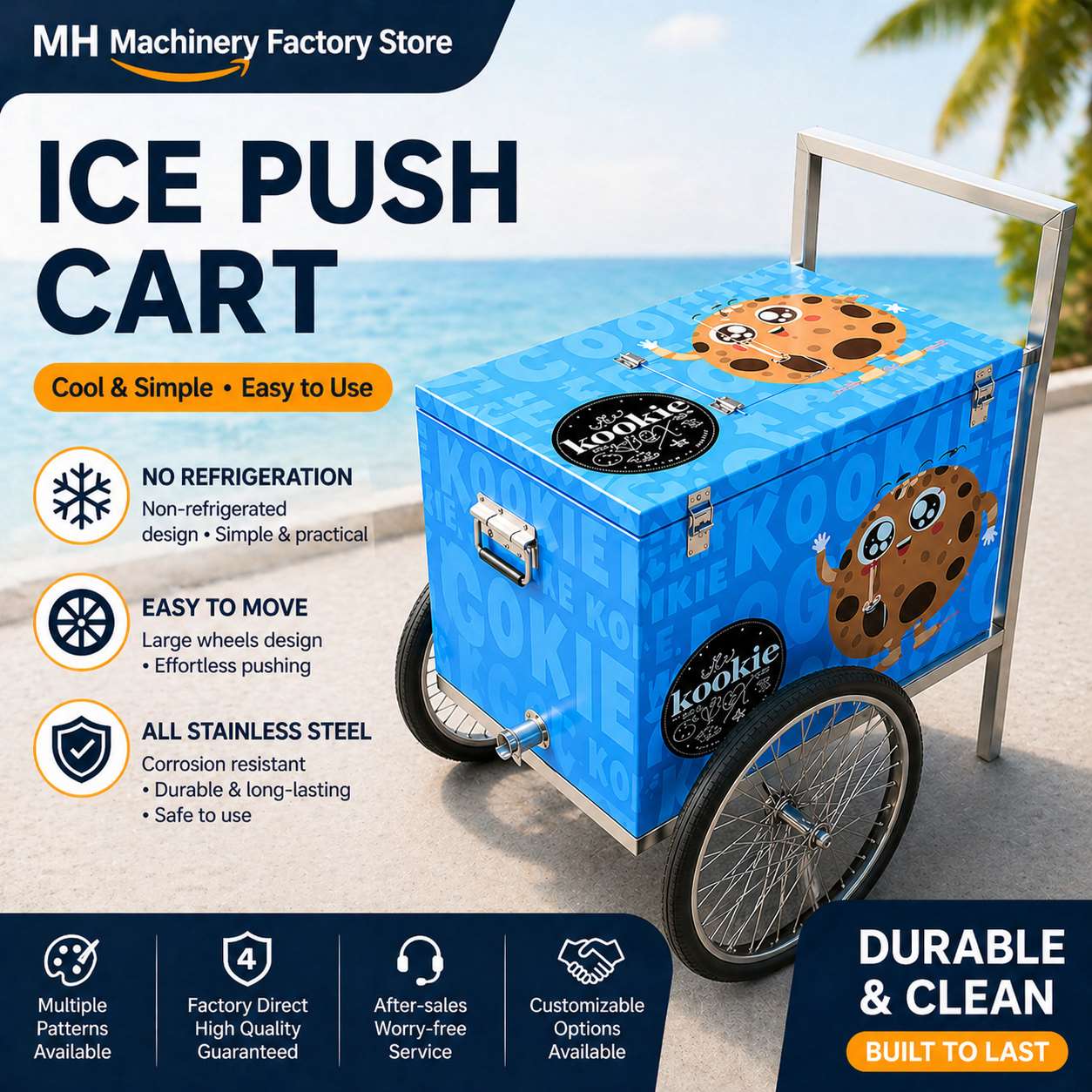 Mobile Mexican Ice Cream Push Cart Trailer - Stainless Steel