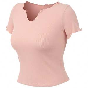 Camiseta deportiva informal de verano para mujer europea americana, camiseta recortada ajustada de Color sólido de punto corto transfronterizo - Product Image 6