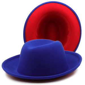 Fedora en <span class=keywords><strong>feutre</strong></span> de laine bicolore pour femmes et hommes Fedora à fond rouge 2 tons avec <span class=keywords><strong>souffleur</strong></span> à bord court plié à bord enroulé Fedoras - Product Image 5