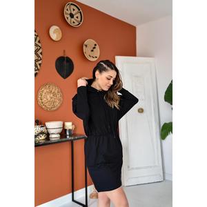 Vestido Sudadera con Capucha Negro, Cintura Elástica, Tejido Holgado y Transpirable, Ropa Casual - Product Image 2