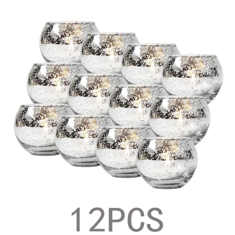 Round Mercury Glass Votive Candle Holders 2-Inch Speckled Gold (Set of 12) for Weddings