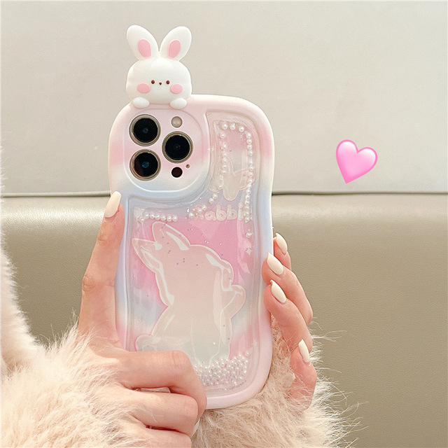 For iphone 11 12 13 14 15 Plus Pro Max Lovely Cute 3D Solid Rabbit Quicksand Phone Case