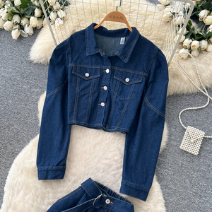 Conjunto de Mezclilla Casual de Otoño para Mujer, Chaqueta Corta con Cuello y Pantalones Anchos de Cintura Alta, Conjunto de Dos Piezas - Product Image 2