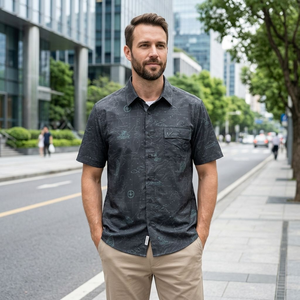 Camisa de Manga Corta para <span class=keywords><strong>Hombre</strong></span>, con Botones, Estampado de Mapa Náutico Negro, Informal, Veraniega, con Bolsillo en el Pecho - Product Image 2