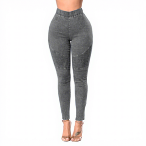 Jean droit taille haute pour <span class=keywords><strong>femme</strong></span>, style motard, en denim côtelé extensible respirant, coupe slim décontractée, délavage clair, longueur cheville - Product Image 3