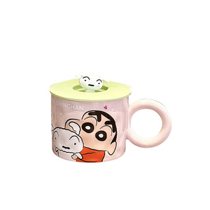Crayon Shinchan <b>Ceramic</b> <b>Mug</b> With <b>Lid</b> Pink Cartoon Design For Coffee Tea Breakfast Cup Gift For Women - Product Image 1