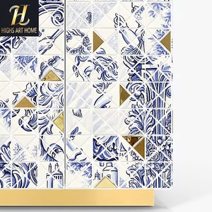 Servicio Rápido de Diseño 3D <span class=keywords><strong>Portugal</strong></span>: Aparador de Lujo con Pintura Artística Azul y Blanca, Madera Maciza Pixelada y Metal para Sala de Estar, Mueble para Vinos - Product Image 6