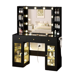 Armadietto in vetro nero moderno con luci a <span class=keywords><strong>LED</strong></span> 3 cassetti tavolo da toletta per camera da letto 3 modalità di colore trucco vanità - Product Image 1