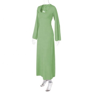 Abito Lungo Largo in Maglia con Scollo a U, Maniche Lunghe a Pagoda, Tinta Unita, Allacciatura Frontale, Vestito da Festa per Donne - Product Image 2