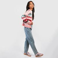 Cardigan en tricot de Noël pour femme FNJIA, col en V, motif jacquard Fair Isle, arbre, flocon de neige, cœur, manches longues, veste en tricot festive