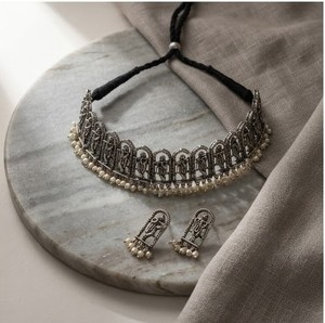 DIVYORO Krishna Motif <b>Choker</b> Set Oxidized <b>Silver</b> Intricate Design Designer Elegant Jewelry Set with Earrings Fashion Jewelry - Product Image 3
