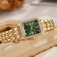 Montre à quartz Art Déco pour femme, cadran carré vert et bleu, lunette en cristal, bracelet perlé doré, élégante