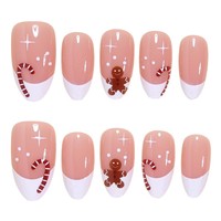 Lot de 24 faux ongles de Noël à presser, style français blanc, avec motifs de bonbons et de bonhommes en pain d'épices scintillants, faciles à appliquer, accessoires en ABS