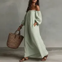 Robe longue rayée élégante, taille haute, coupe ample, manches trois quarts, tenue décontractée d'été