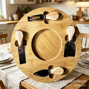 <b>Cheese</b> Board <b>Set</b> Bamboo Cutting Tray With <b>Knives</b> For Serving <b>Cheese</b> And Fruit Kitchen Use 29x33cm - Product Image 2