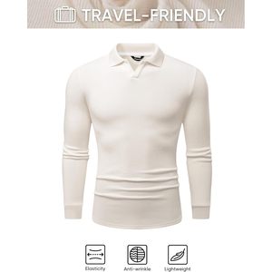 FOXA Men's Polo Shirt Long Sleeve V Neck Knitted Cotton Breathable Casual Dress Golf Shirt - Product Image 6