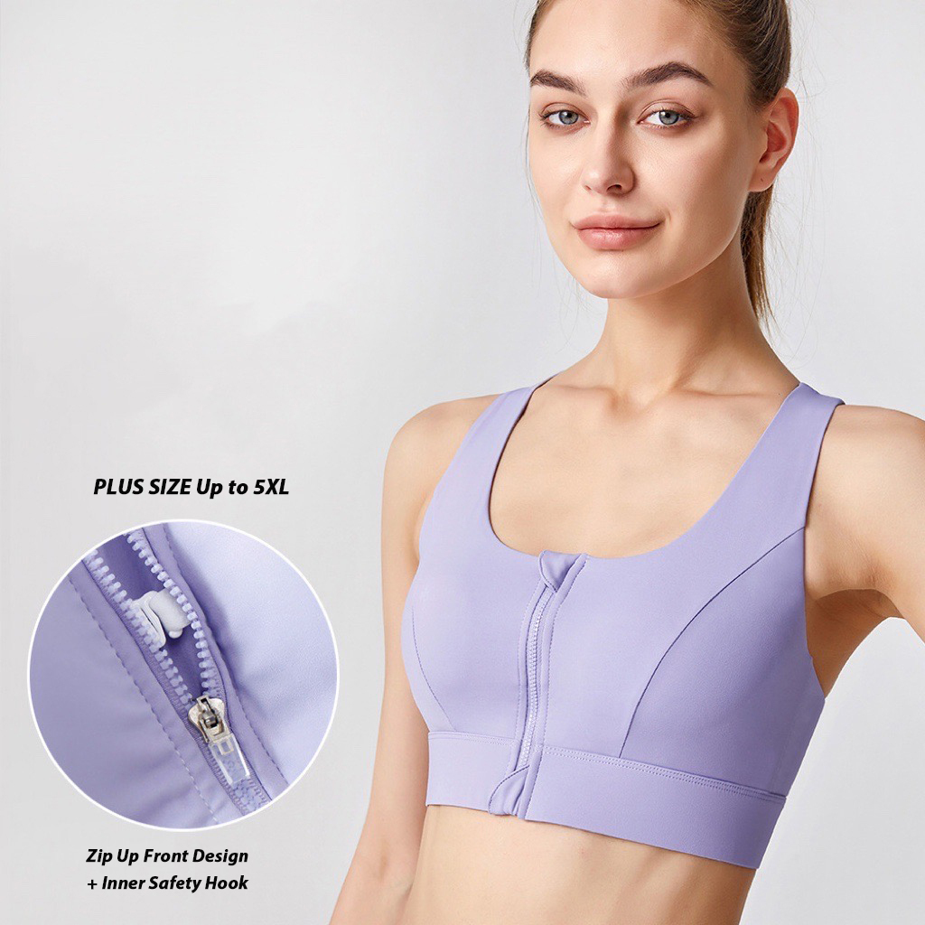 Factory Wholesale New Front Zipper Activewear Plus Size Sport Bra for Women, Custom Yoga Gym Fitness Top with Safety Hooks