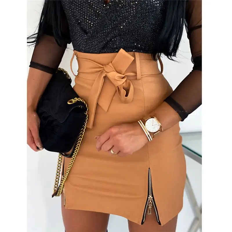 ZC00753 2021 ebay summer dress feminine pure color casual ladies skirt leather texture skirt leather skirt