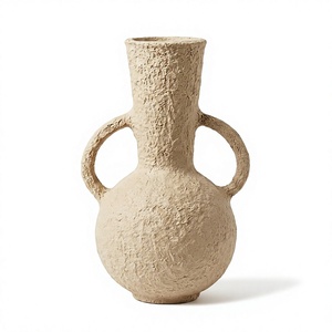 Vase de sol haut en papier mâché rustique avec deux poignées en boucle, pot à fleurs texturé couleur terre, décor Wabi Sabi - Product Image 1
