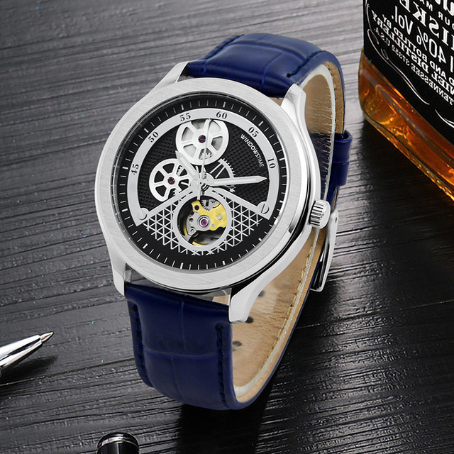 High Quality Luxury Men's Automatic Mechanical Skeleton Sport Watch with Leather Strap and Pointer Dial Stainless Steel Case