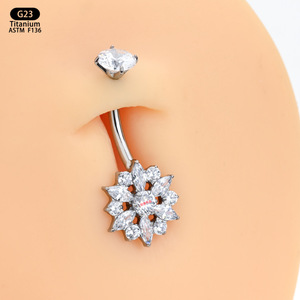 Anneau de nombril en titane G23, forme de fleur, 1,6 mm, 10 mm, bijoux de piercing avec zircon - Product Image 3