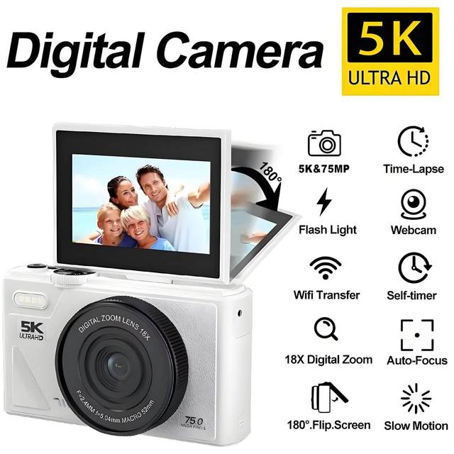Flip Screen 5K Vlogging Cam 75MP Digital Camera with 18X Zoom 3'' LCD 128GB Storage WiFi Auto Focus for Vlogging & Photography