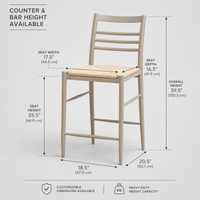 Tabouret de bar en bois avec dossier échelle et assise tressée, chaise haute de cuisine moderne pour salle à manger, café et restaurant