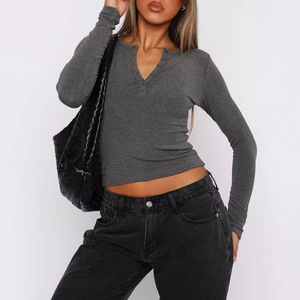 T-shirt à manches longues pour femme, style Y2K, slim, à rayures côtelées, boutonné, tendance - Product Image 4