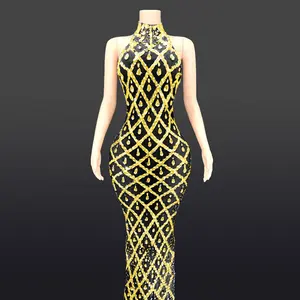 women Y2360-B Plus Size Womens Clothing Yellow And Black Diamond New Pattern Casual Dress Women Summer Party Showgirl Costume