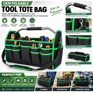 OEM Foldable <b>Tool</b> <b>Tote</b> <b>Bag</b> , Heavy-Duty Metal Handle with Grip , Industrial Plumber & Contractor Utility Organizer - Product Image 1